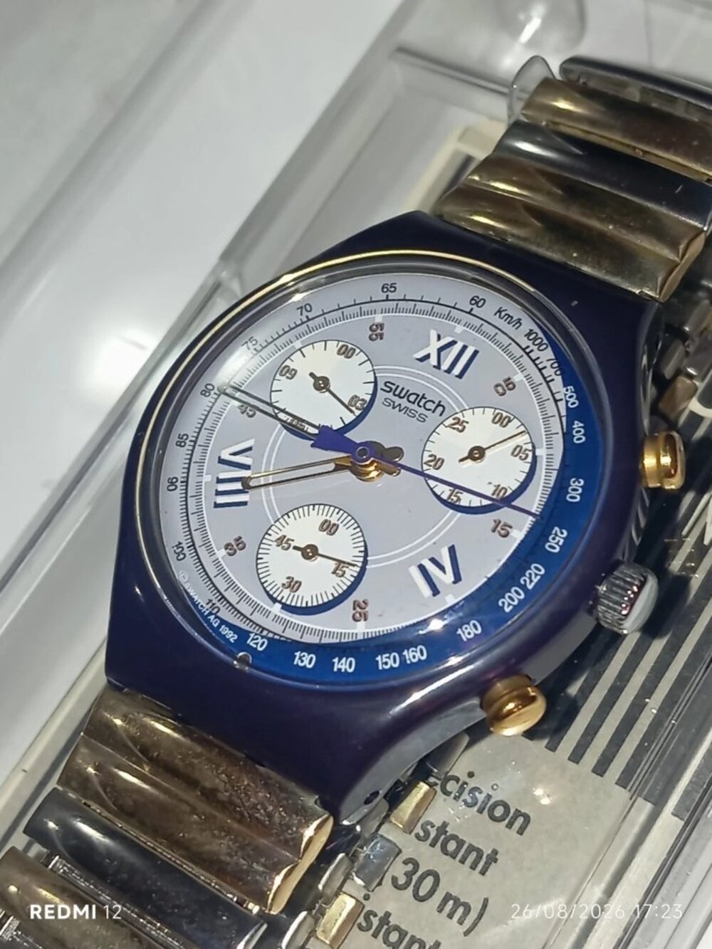 New SCN 105 Swatch Black and Gold Chronograph Watch with 2 Tone Flex Band